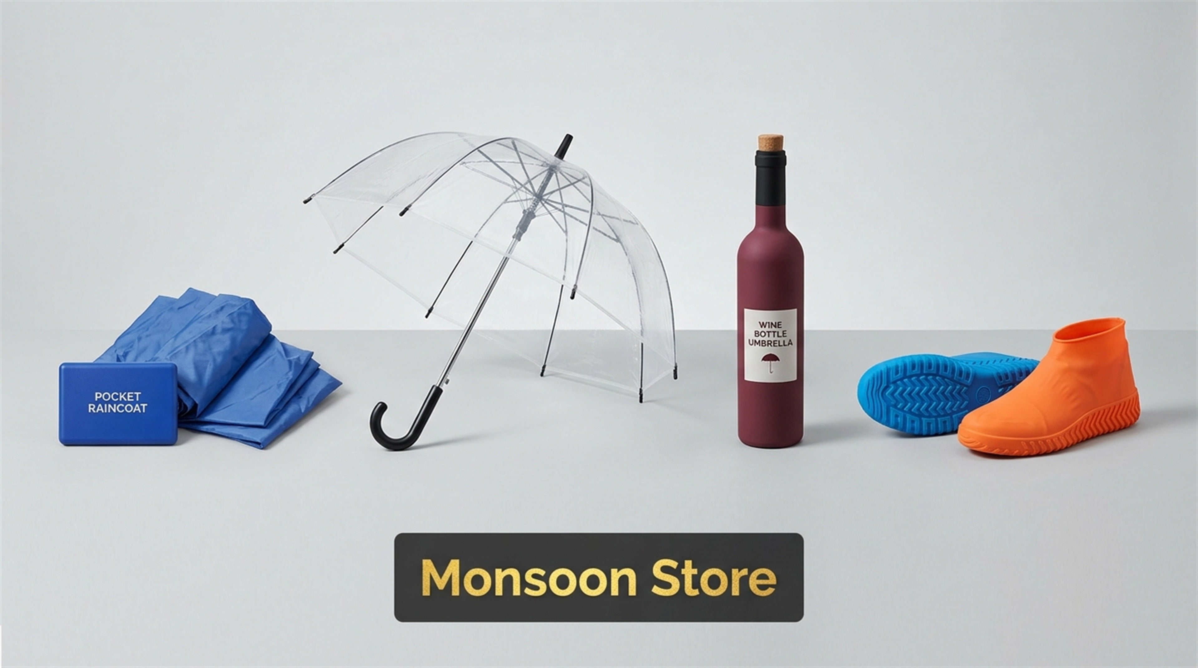Monsoon Store - Premium travel pocket card raincoats, clear dome umbrellas, wine bottle folding umbrellas, and silicone waterproof shoe covers on Alvenza