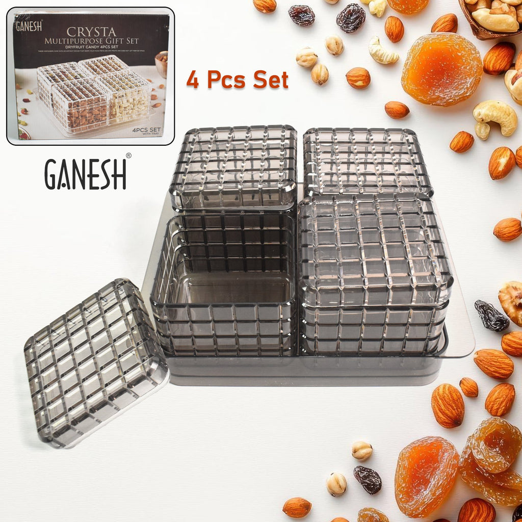 ALVENZA Dry Fruit Container Set – Acrylic 4-Piece Gift Tray | Ganesh