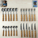 ALVENZA Stainless Steel Cutlery Set – Elegant Wooden Handle, 24 Pieces
