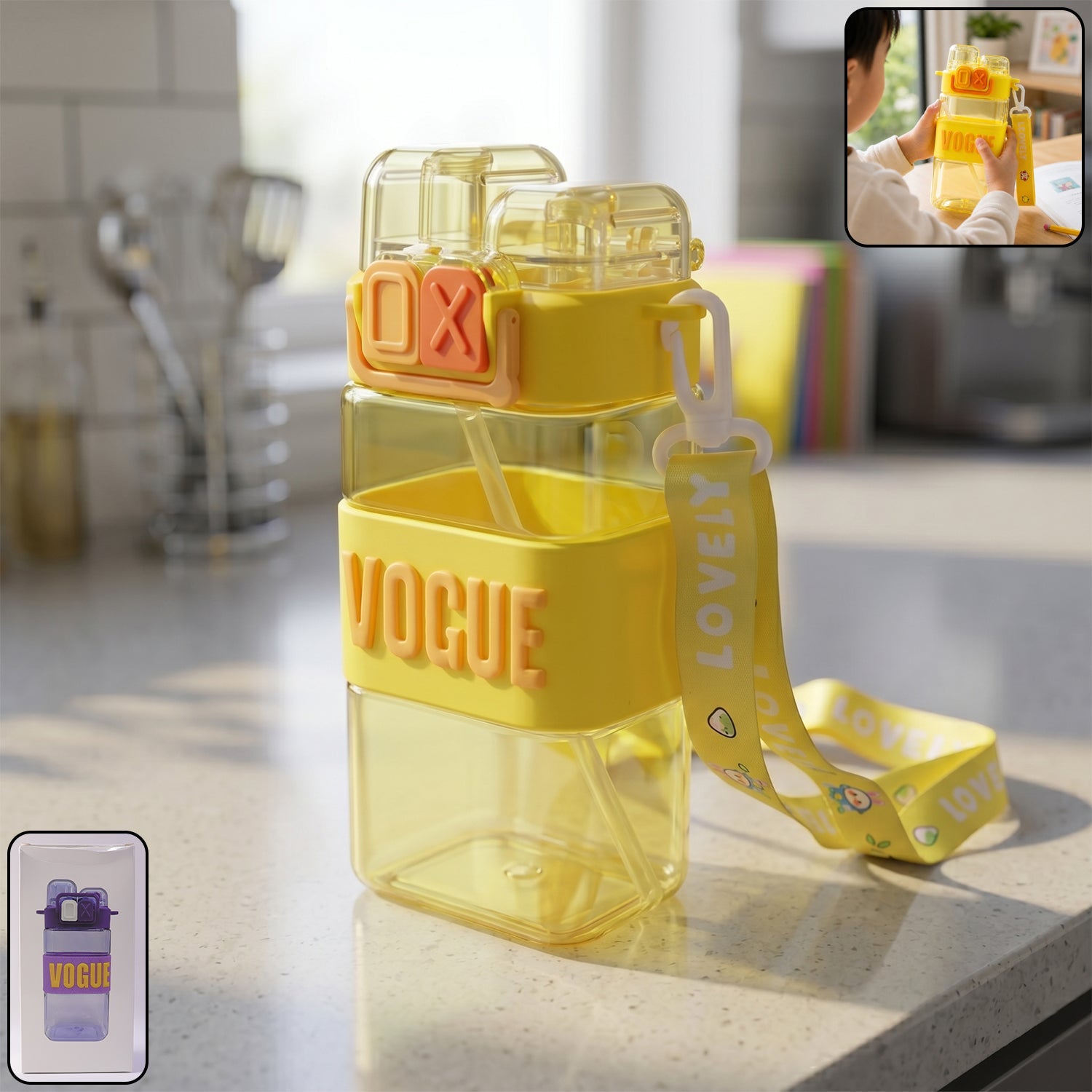 Kids Water Bottle Leakproof Straw & Portable Carry Strap
