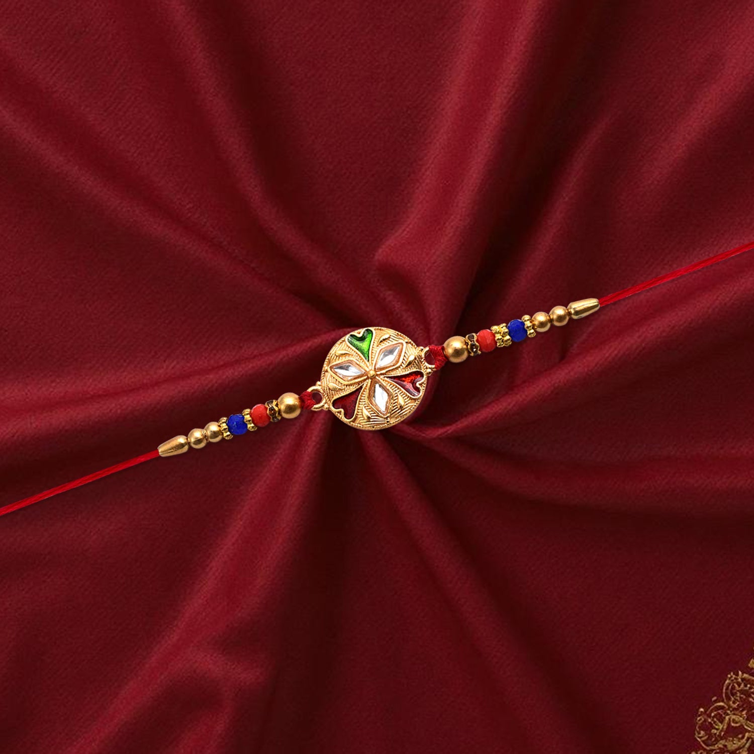 ALVENZA Floral Rakhi with Mirror Work - Stylish Colorful Beads on Red Thread
