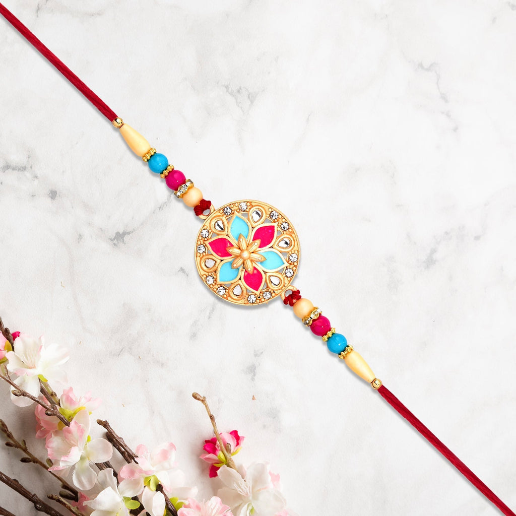 ALVENZA Round Floral Rakhi - Pink-Blue Enamel with Beaded Thread