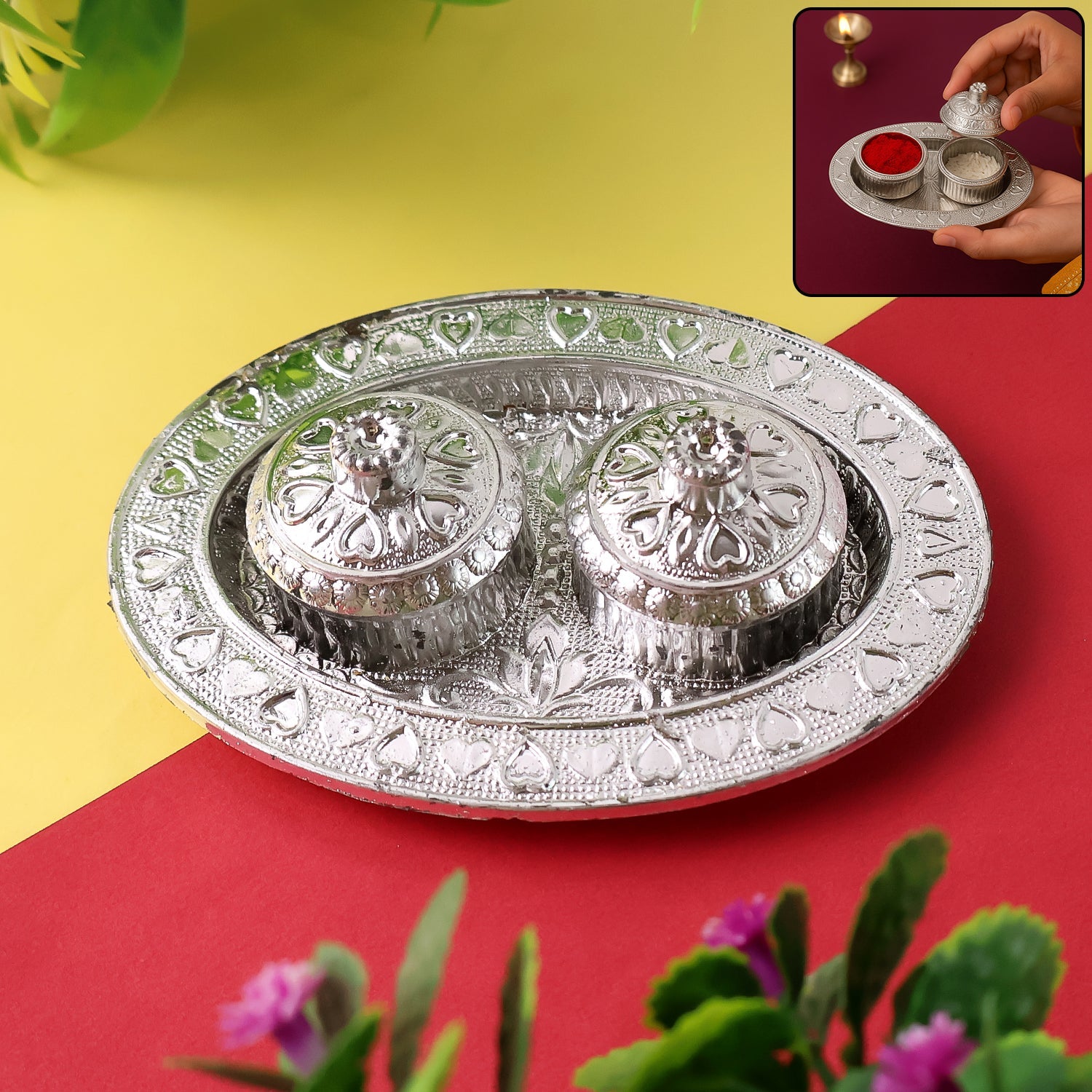 Oval Puja Thali with Kumkum Holders Traditional & Durable Design