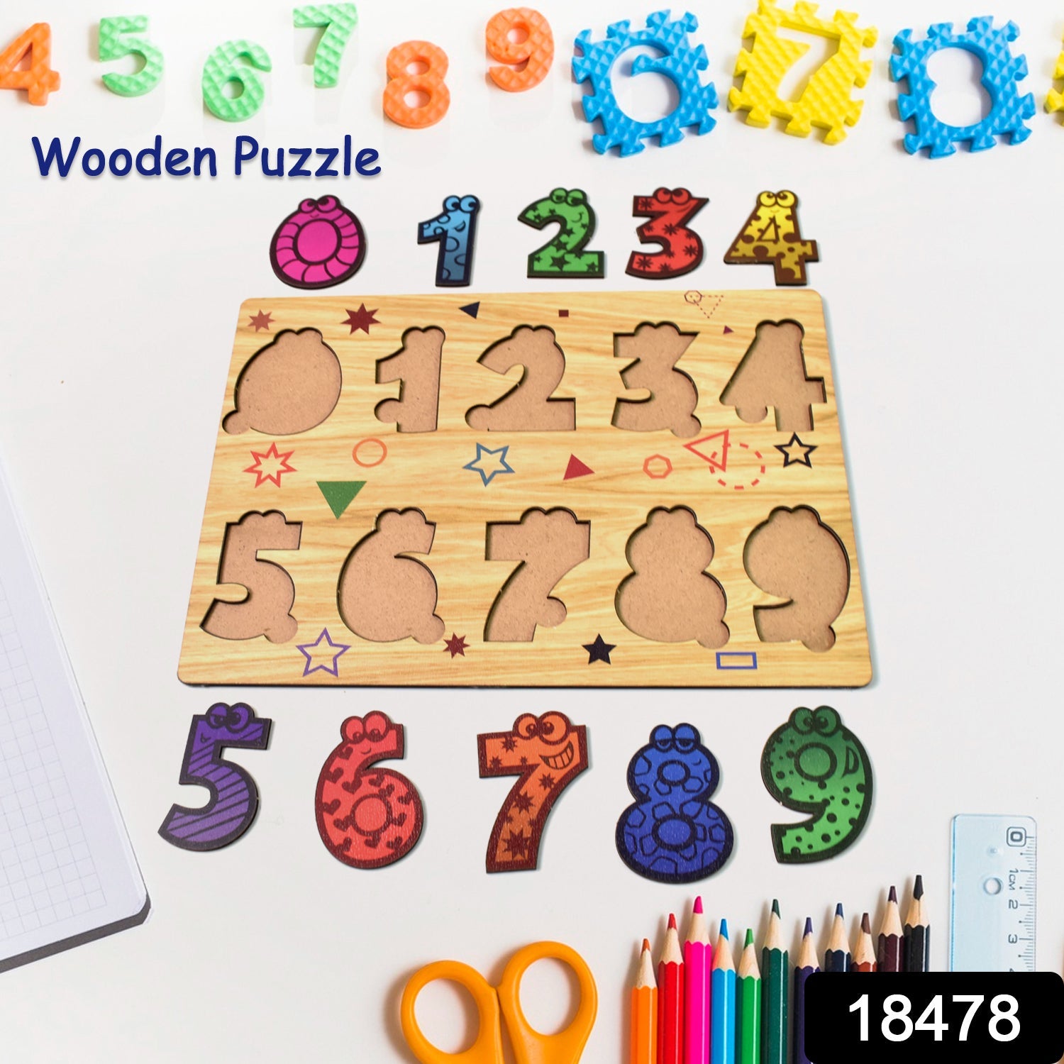 Wooden Number Puzzle Early Learning Board | Inventive Play - Side View