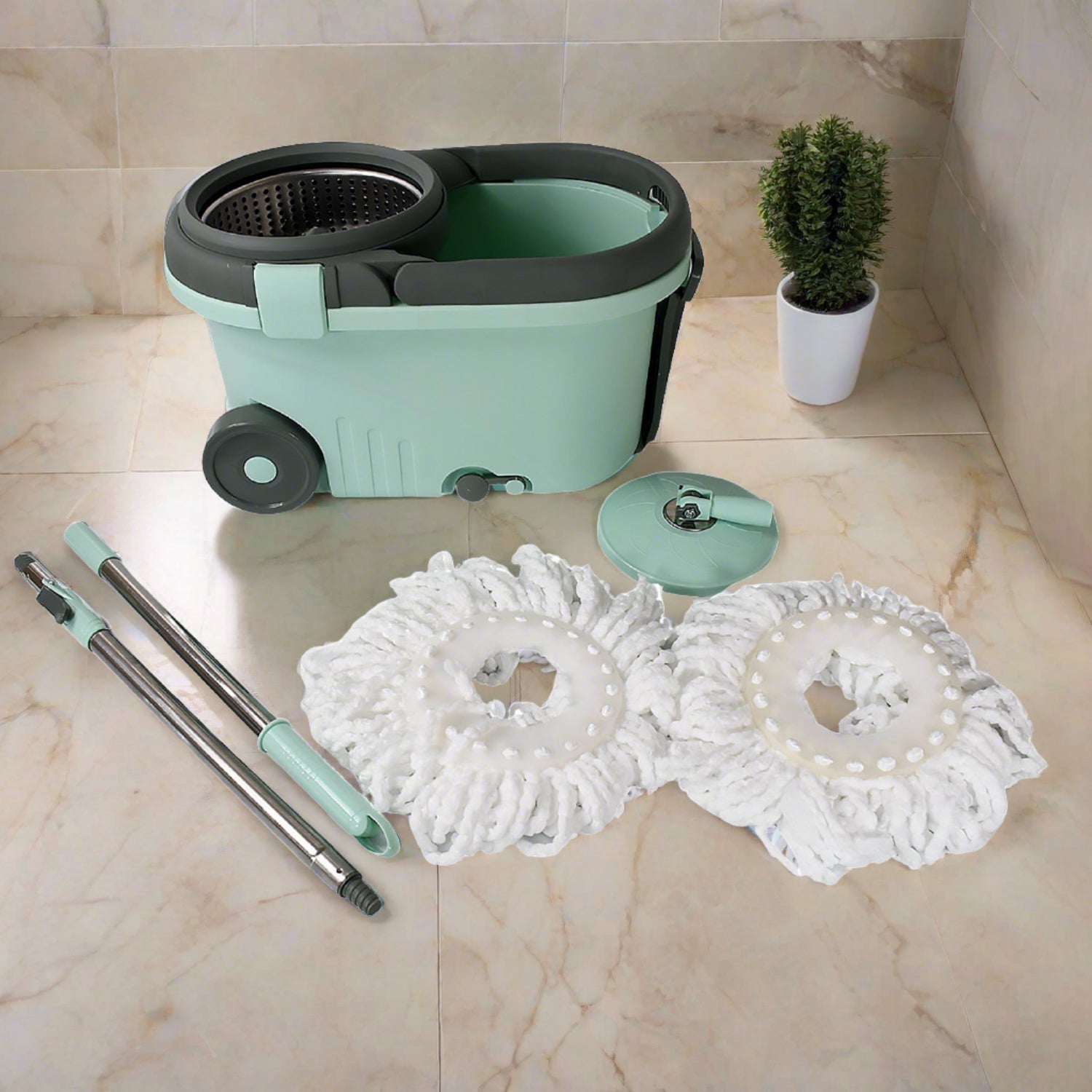 ALVENZA Spin Mop with Bucket – Steel Spin & Microfiber Heads | Ganesh