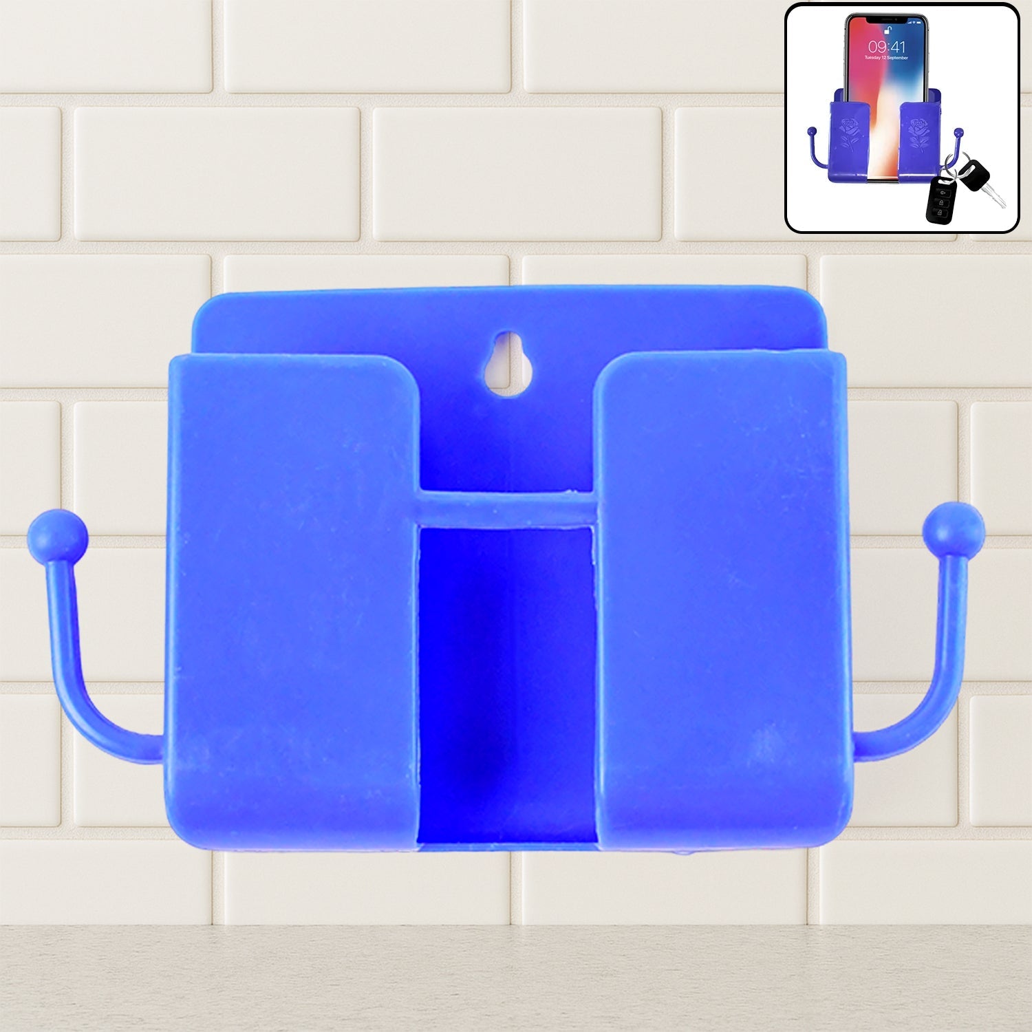 ALVENZA Wall Mount Mobile Stand – Compact Blue Phone Holder with Hook
