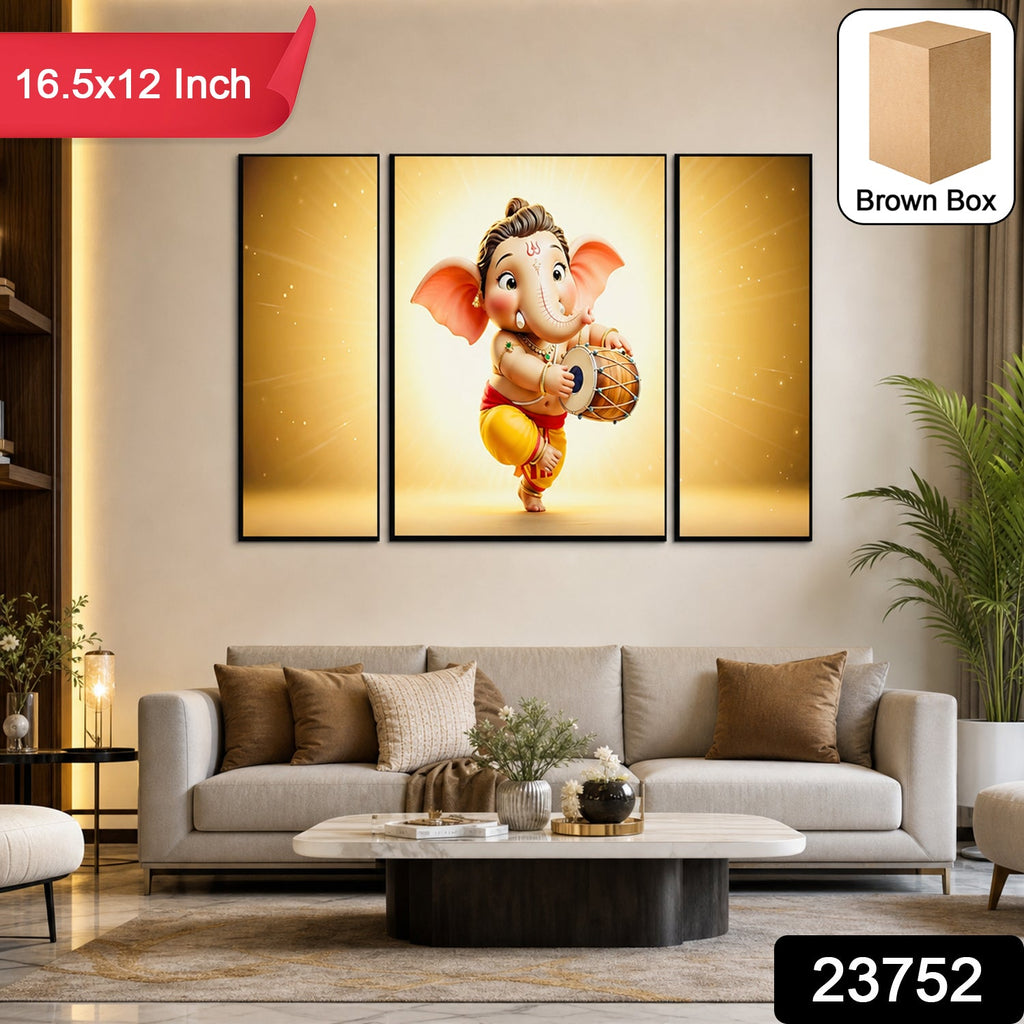 Ganesha Religious Wall Art Vibrant 3 Panel MDF Frame - Side View