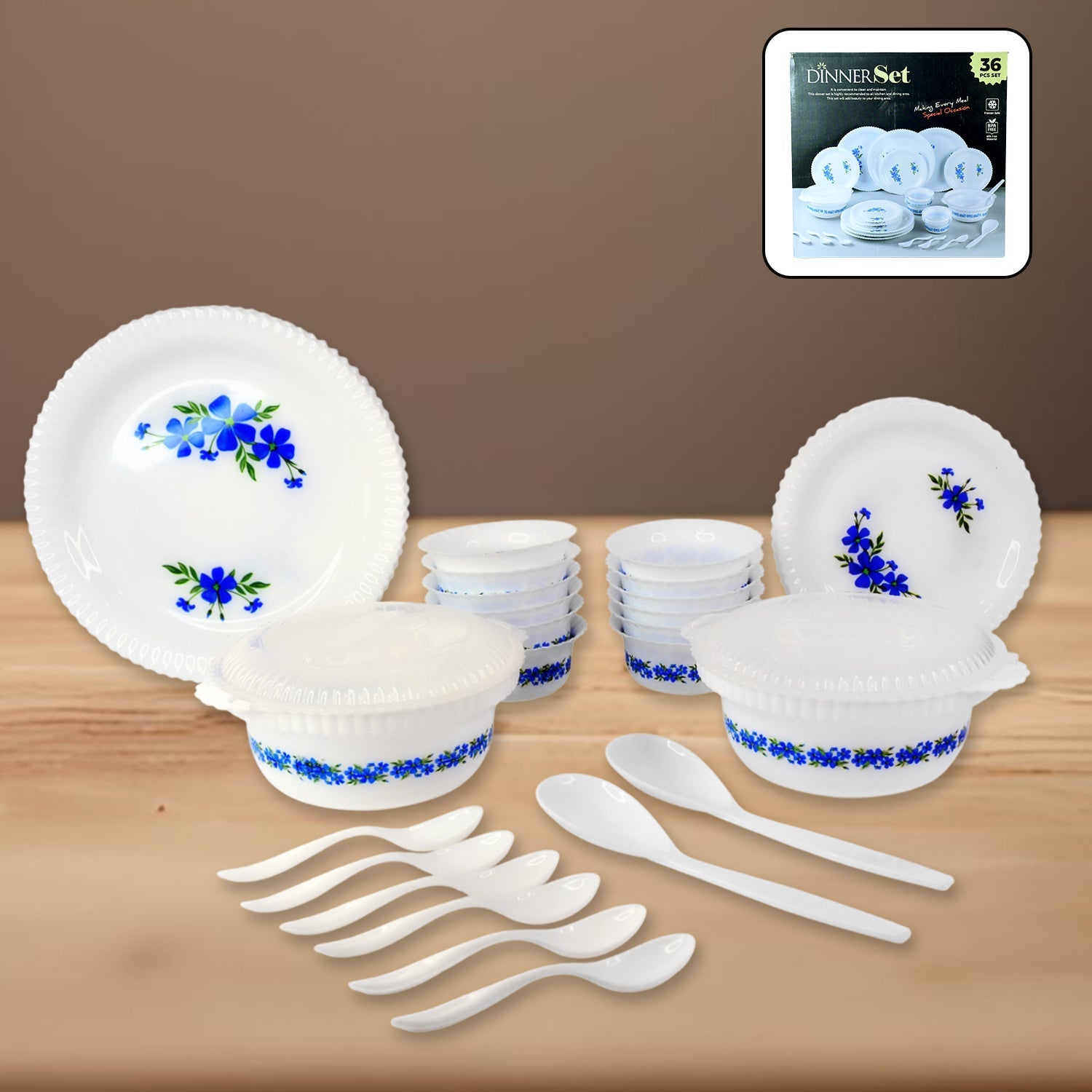 ALVENZA Plastic Dinner Set – Durable 36-Piece Blue Floral Design