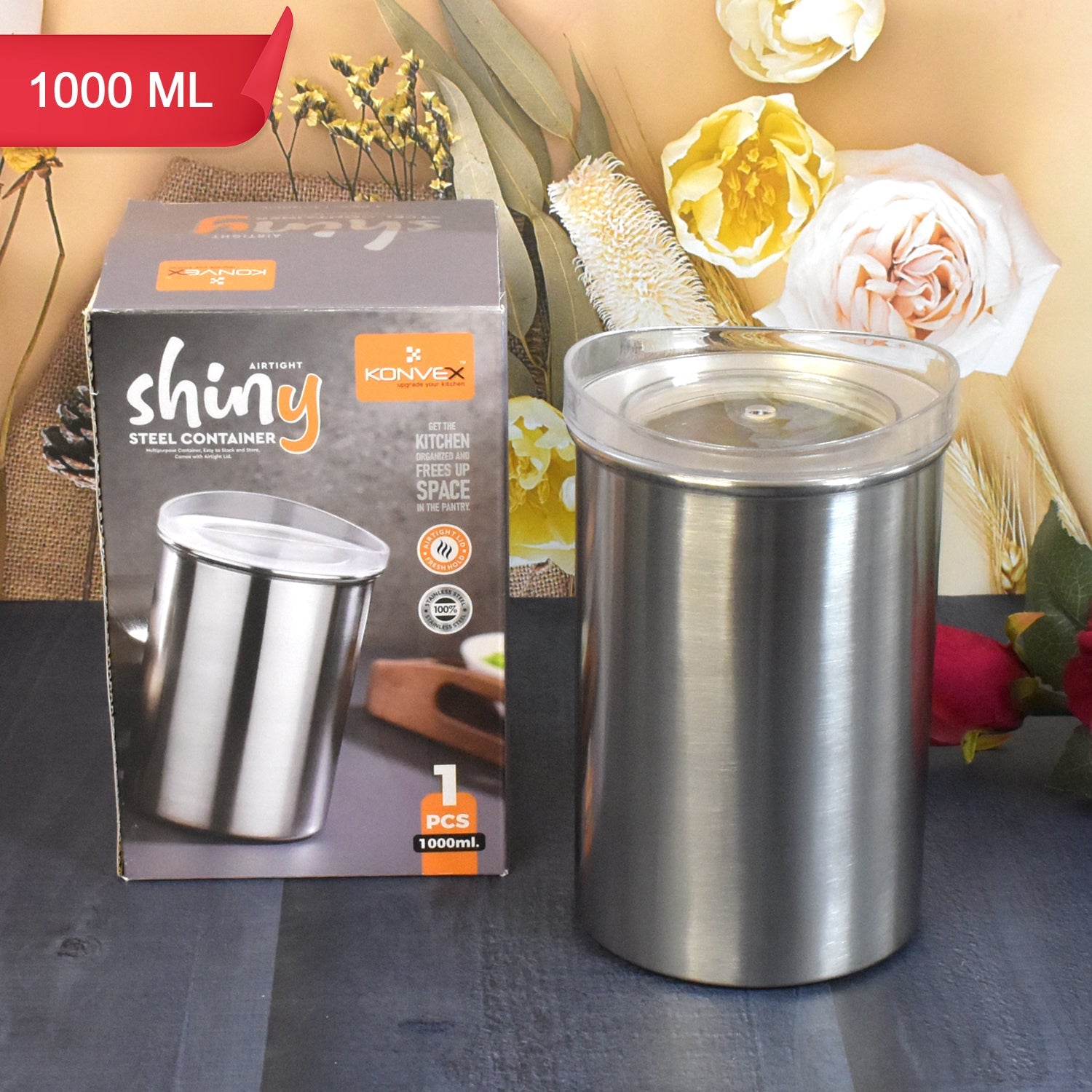 Stainless Steel Airtight Container 1000 ML with Lid | Konvex - Front View