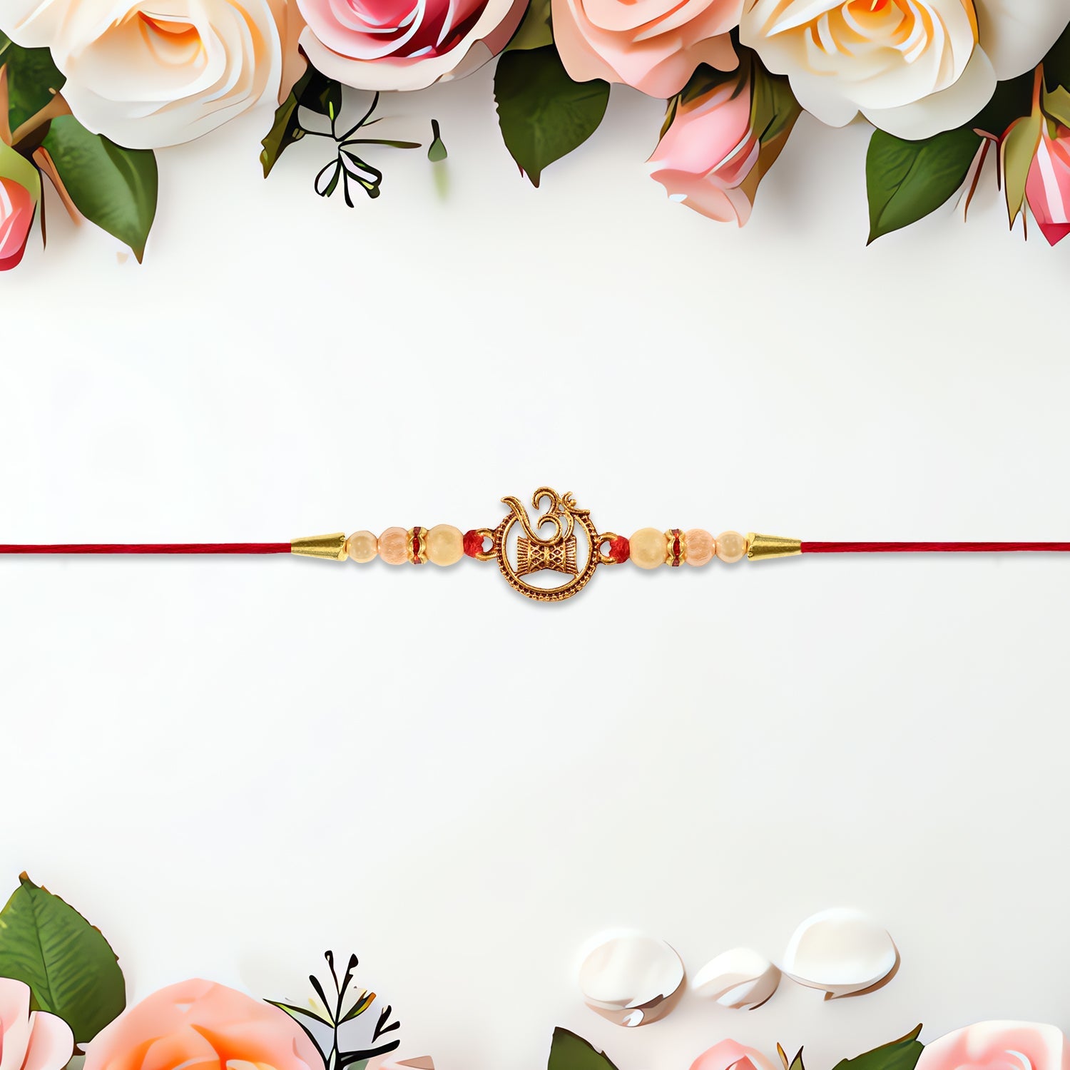 ALVENZA Om Swastik Rakhi - Golden Motif with Pearl Beads for Brother