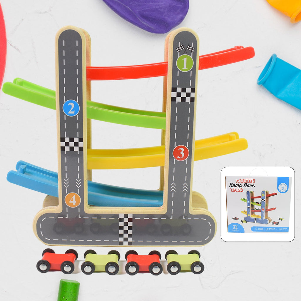 Wooden Race Track 4-Level Car Ramp Set for Toddlers | Action Legion