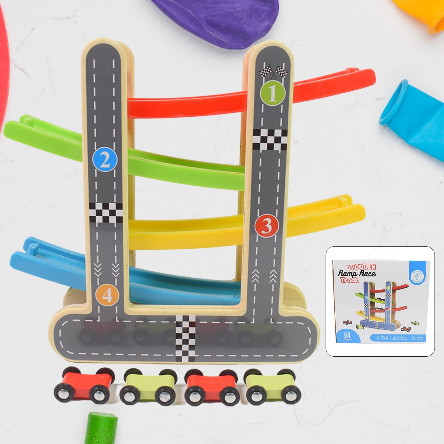 Wooden Race Track 4-Level Car Ramp Set for Toddlers | Action Legion