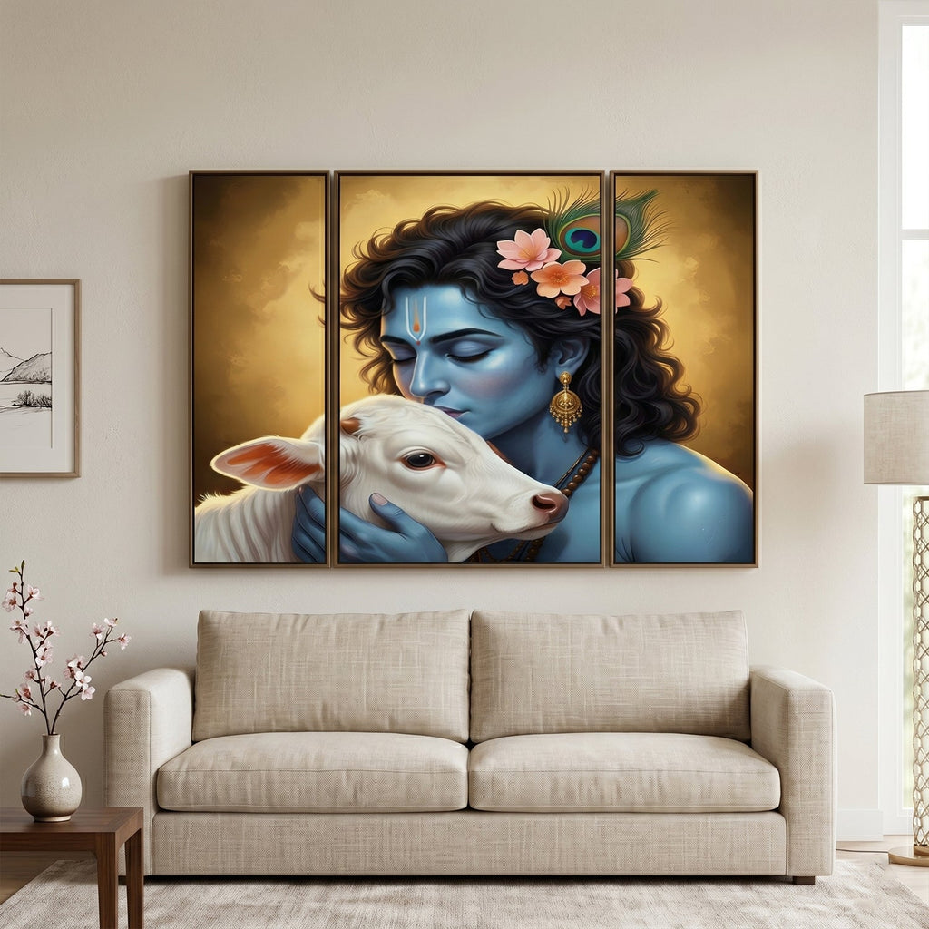 Krishna N Cow Wall Art Vibrant 3 Panel MDF Design for Home