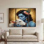 Krishna N Cow Wall Art Vibrant 3 Panel MDF Design for Home