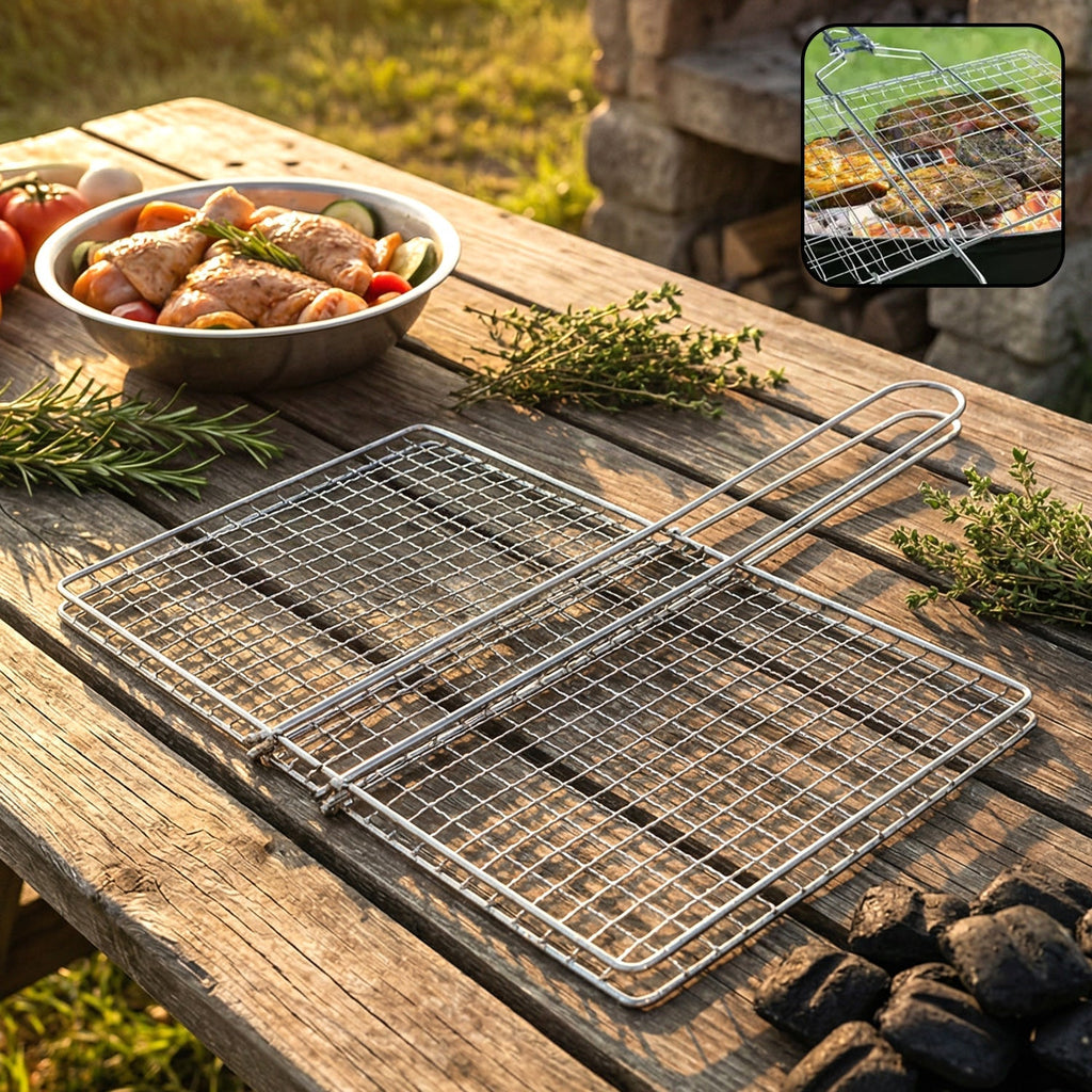Heavy-Duty Stainless Steel BBQ Grill Basket Long Handle & Durable Construction - Side View