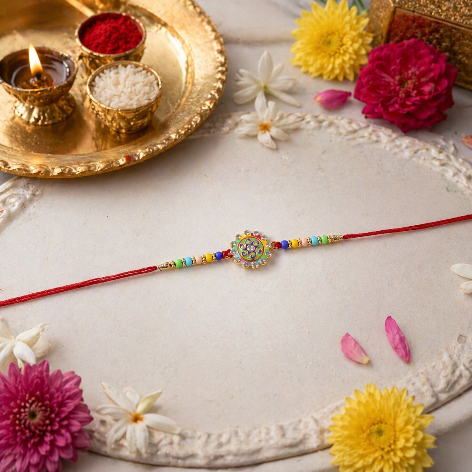 ALVENZA Rakhi – Elegant multicolor beads & stone centerpiece for Rakshabandhan