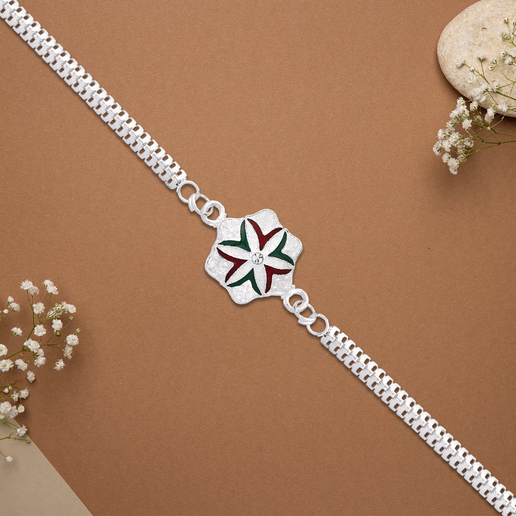 ALVENZA Silver Chain Rakhi - Elegant Flower Design for Brother