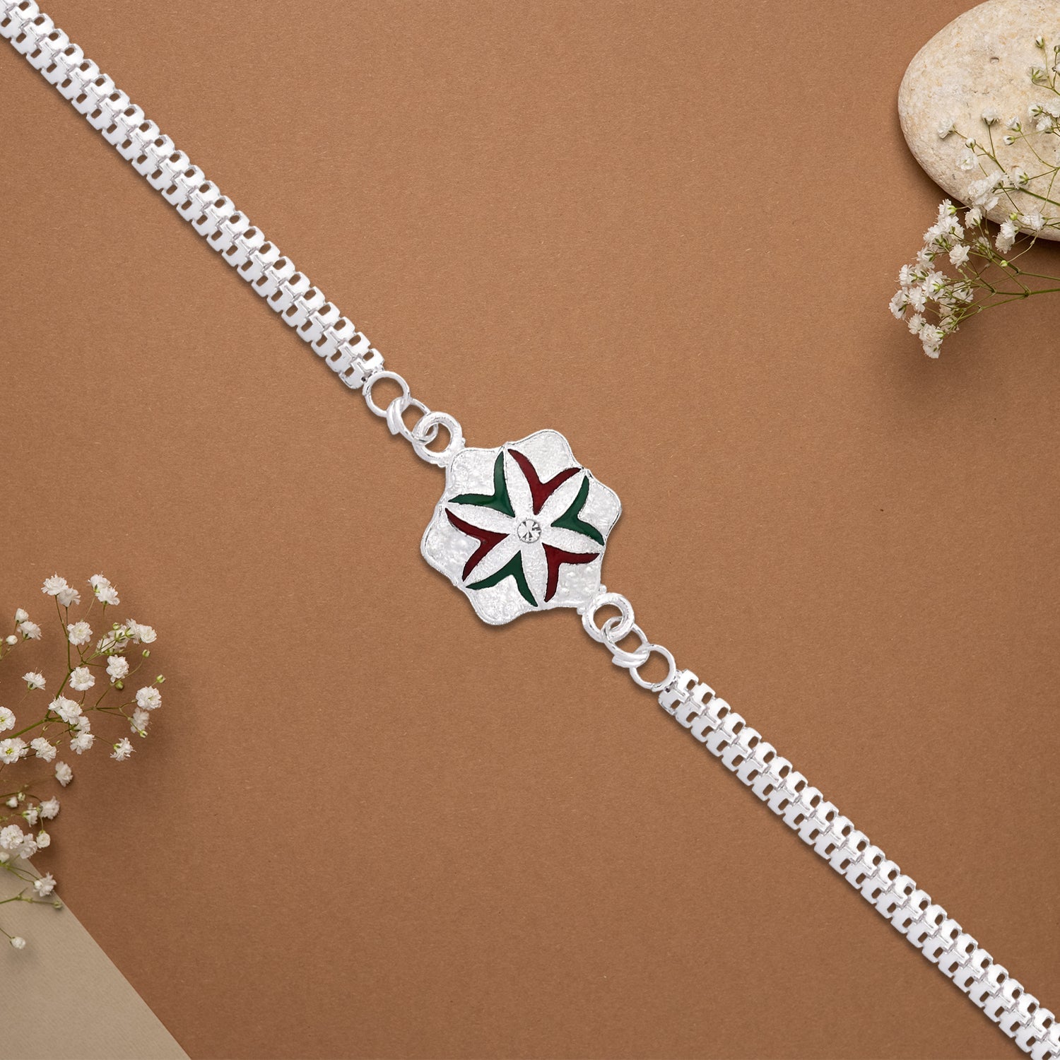 ALVENZA Silver Chain Rakhi - Elegant Flower Design for Brother