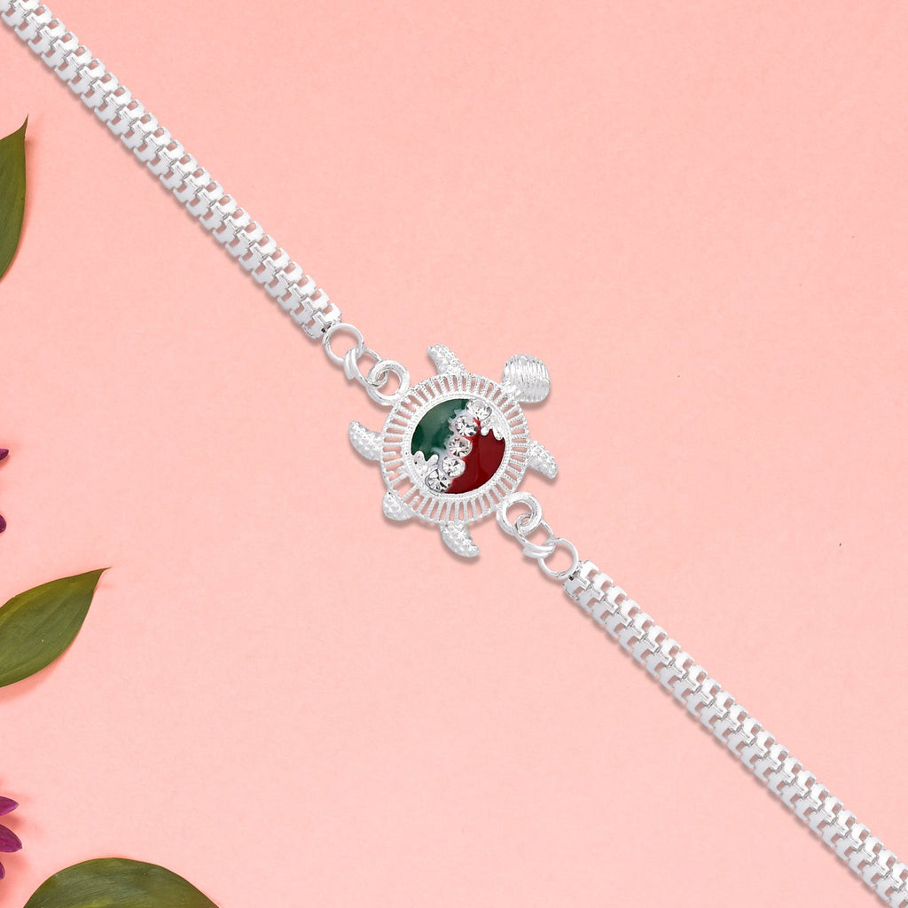 ALVENZA Turtle Rakhi – Red Green Enamel with Silver Metal Chain