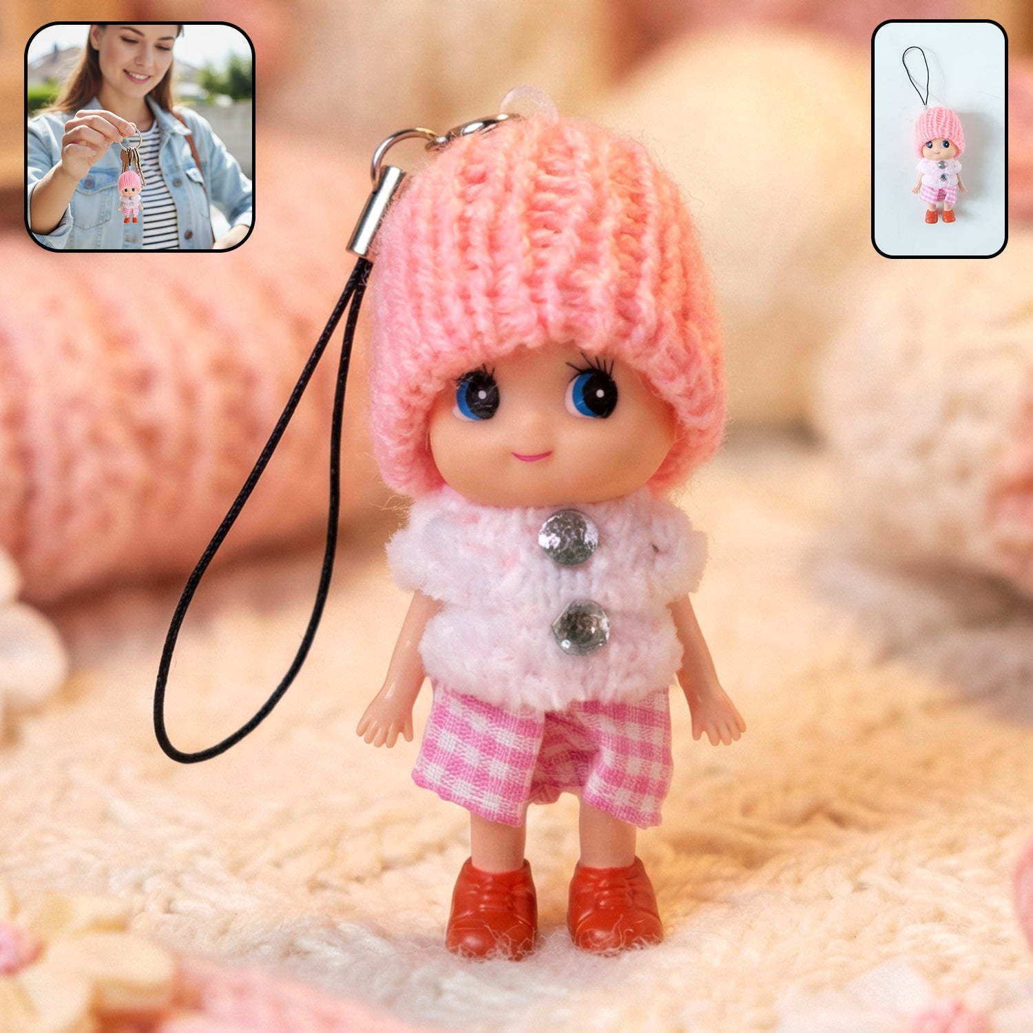 ALVENZA Mini Doll Keychain – Adorable Soft Knitted Cap & Vibrant Design