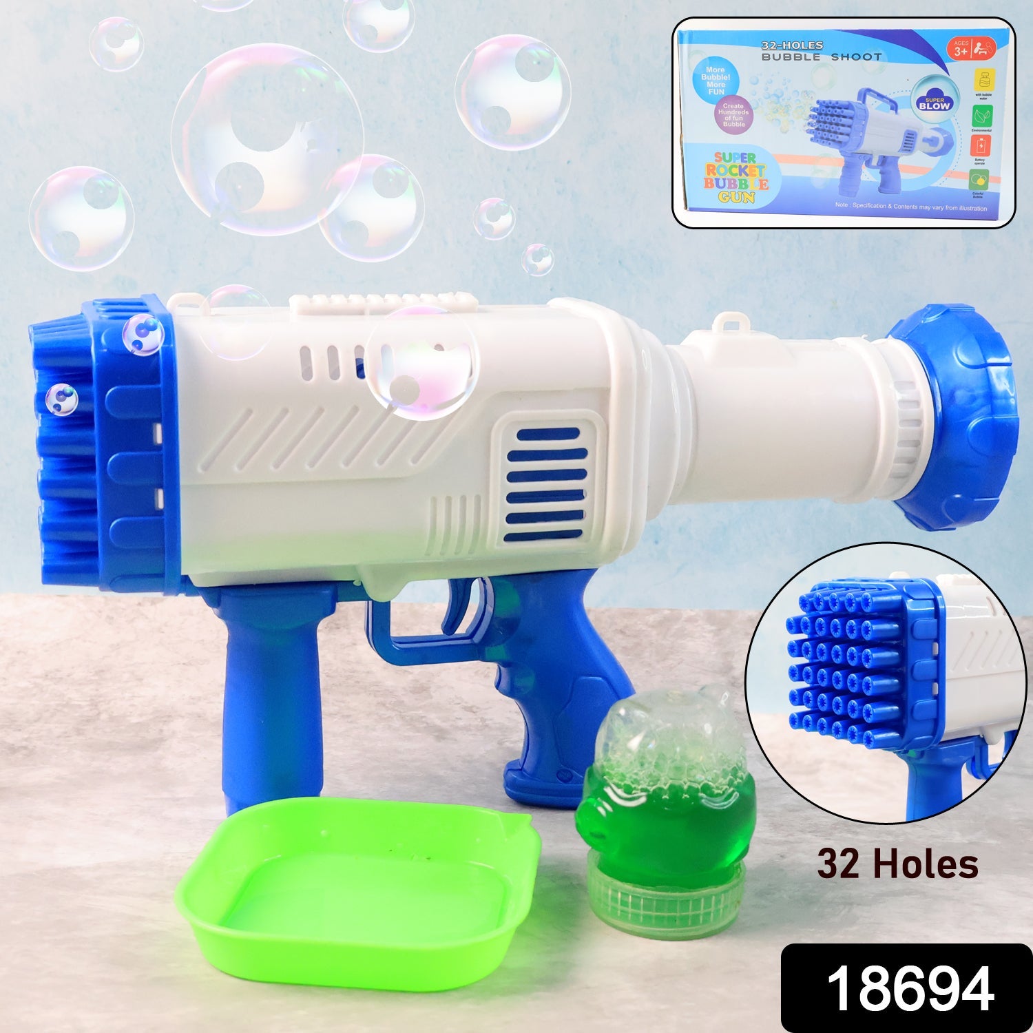 Bubble Gun for Kids 32 Holes, Powerful Blaster | Play & Move - Side View