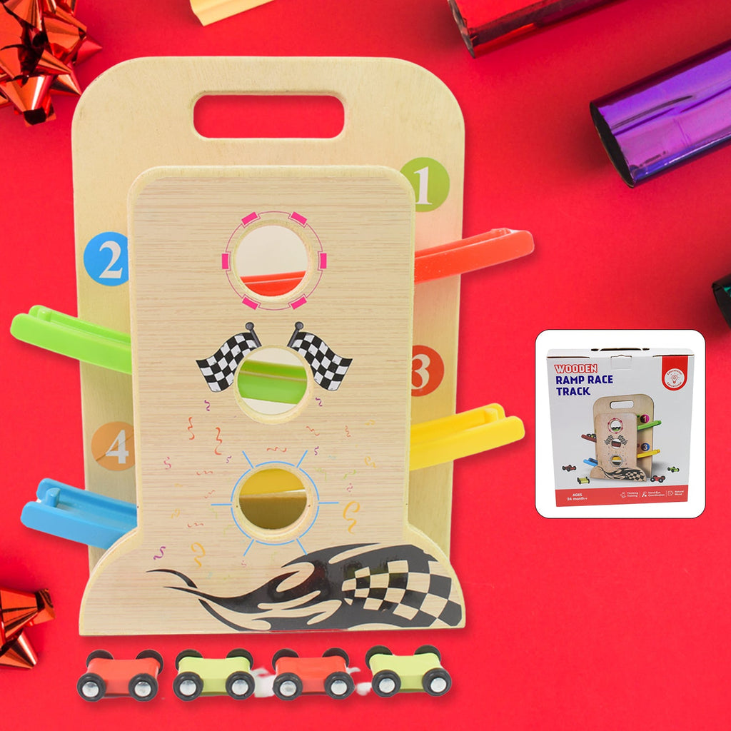ALVENZA Wooden Ramp Racer – 4 Cars & Handle for Kids | Action Legion