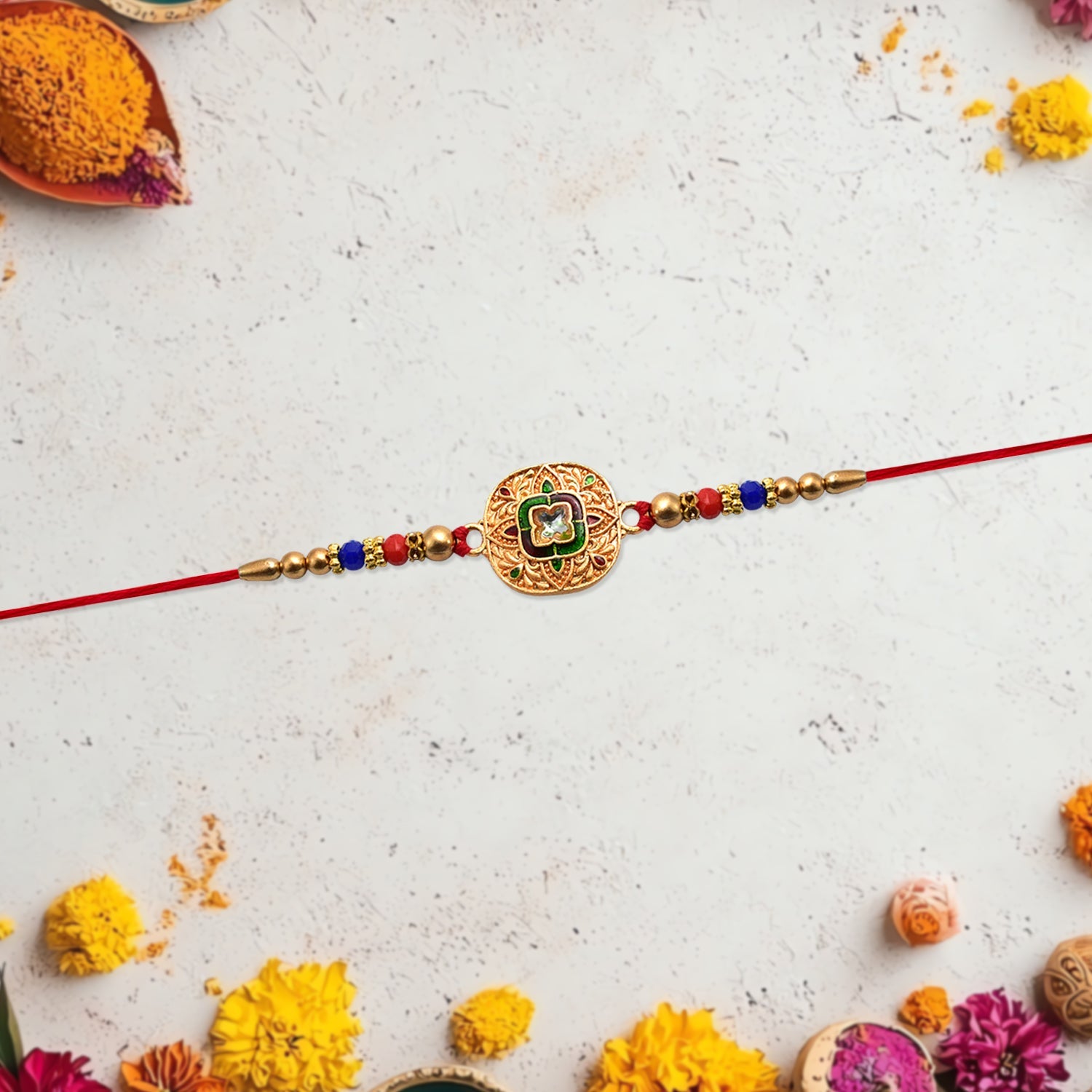 ALVENZA Kundan Rakhi - Traditional Antique Gold Finish with Multicolor Beads