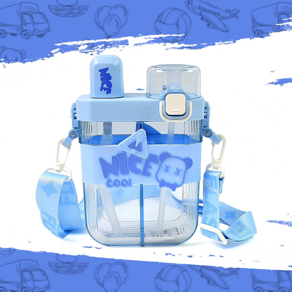 Kids Water Bottle with Dual Compartments Straw & Strap