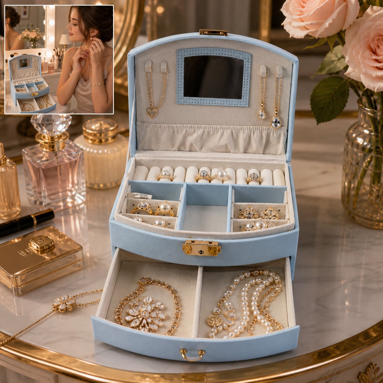 Jewelry Storage Box Multi-Layer Organizer with Mirror for Elegant Storage