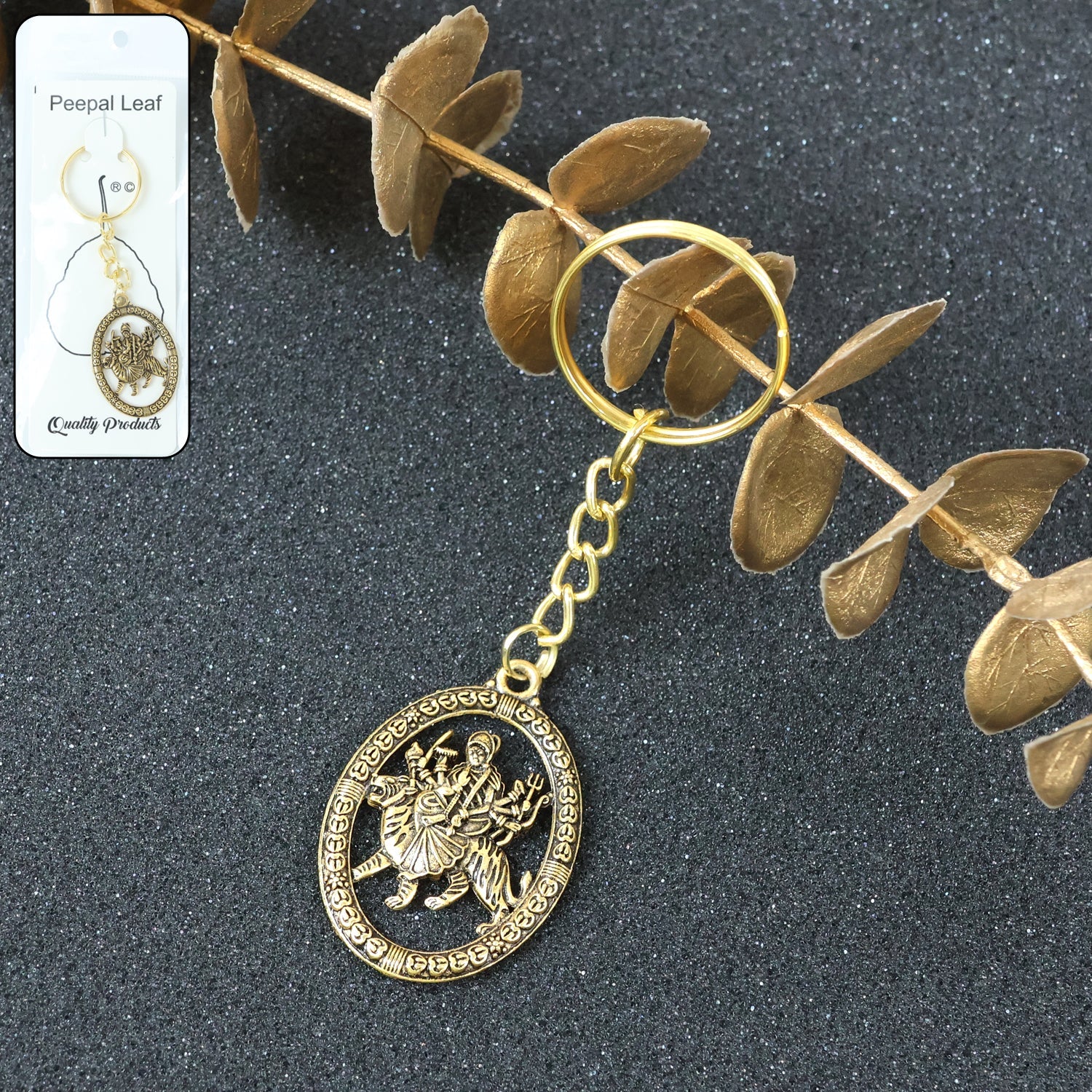 ALVENZA Maa Durga Golden Oval Frame Keychain – Spiritual Protection