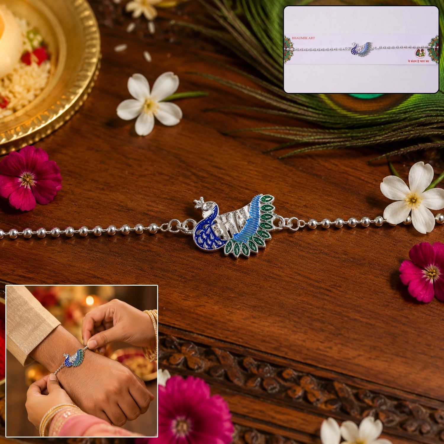 ALVENZA Rakshabandhan Silver Peacock Rakhi - Stylish & Traditional Design
