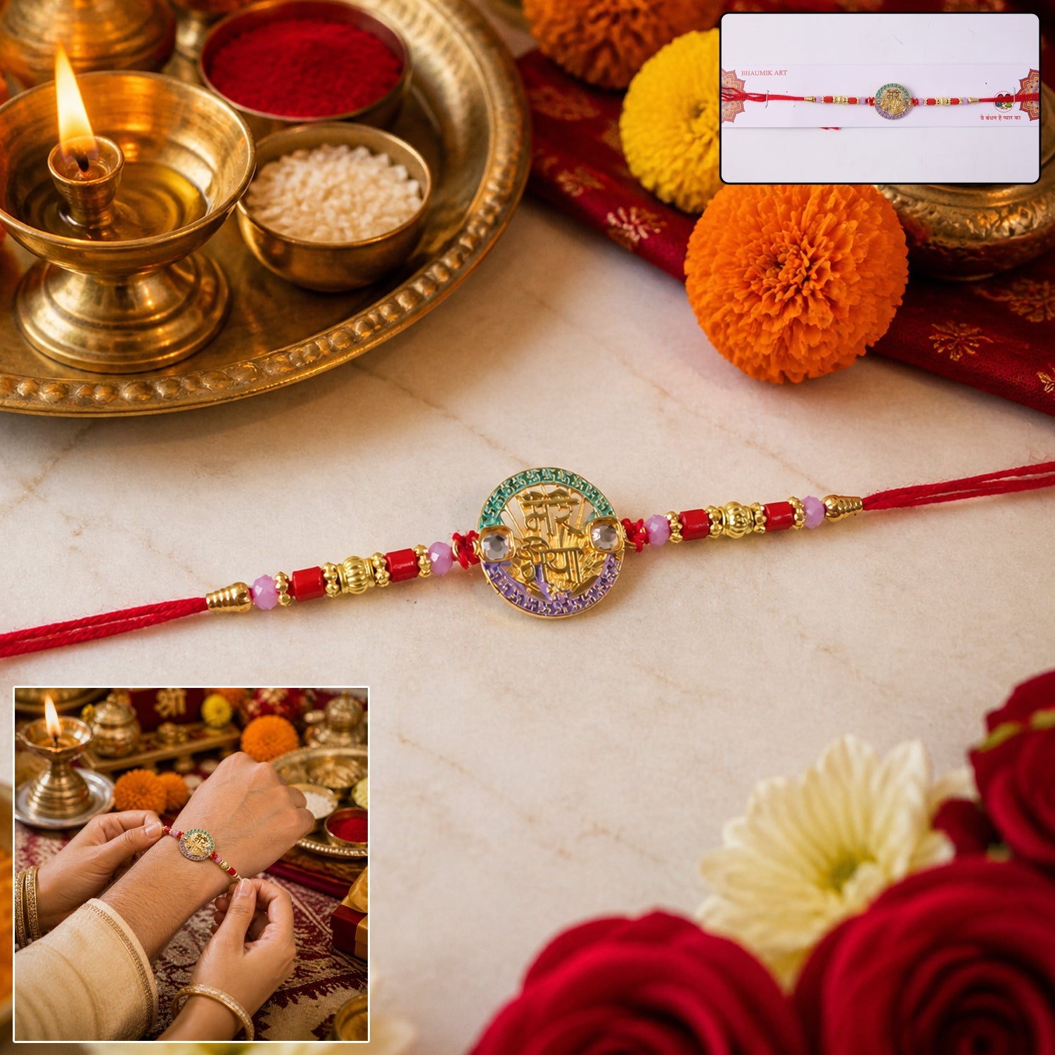 ALVENZA Designer Rakhi – Exquisite Stone Work & Vibrant Red Thread