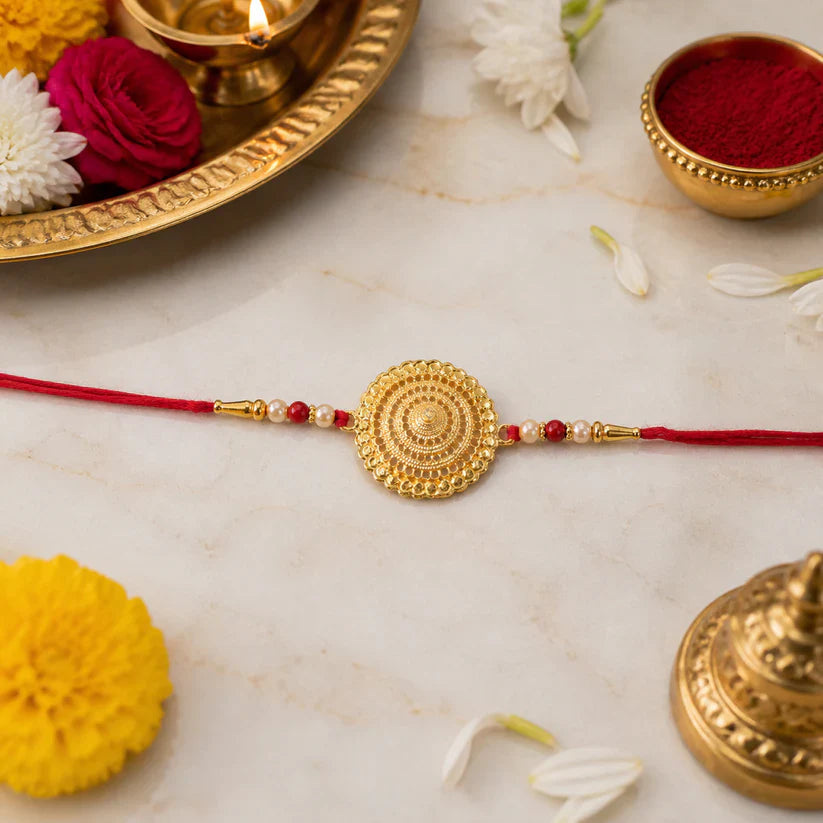 ALVENZA Golden Flower Rakhi - Intricate Design, Skin Friendly Thread for Brothers