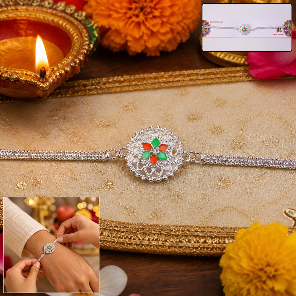 ALVENZA Silver Floral Rakhi - Traditional Design with Beads & Soft Thread