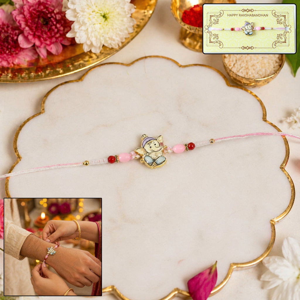 ALVENZA Ganesha Rakhi – Beautiful Pink and Red Beads for Raksha Bandhan