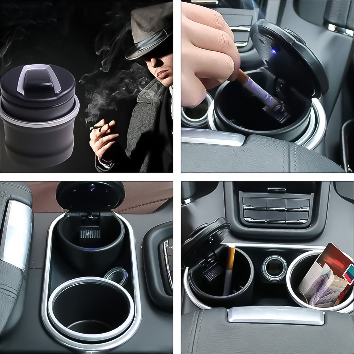 ALVENZA Car Ashtray with Lid & Blue LED Light – Portable Smokeless Design