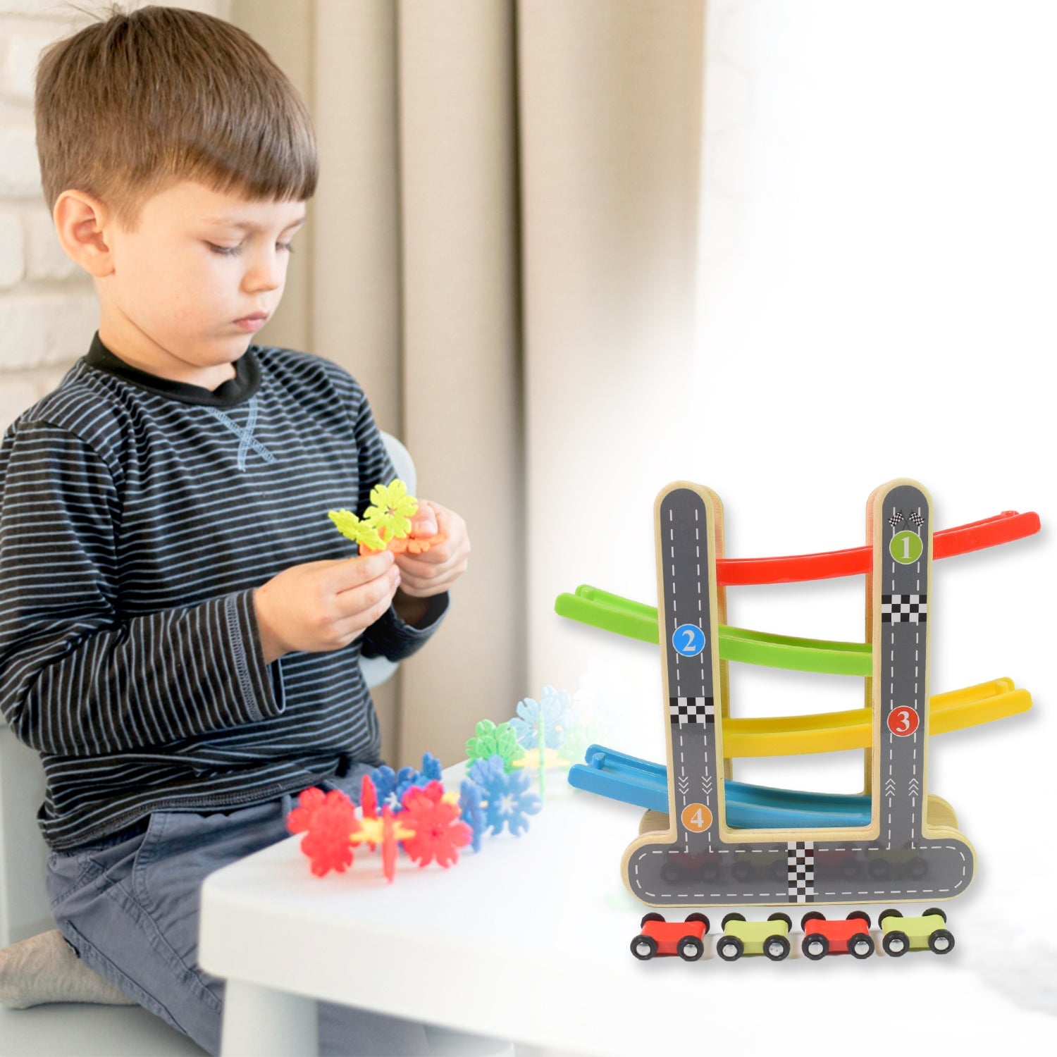 ALVENZA Wooden Ramp Racer – 4 Cars & Handle for Kids | Action Legion