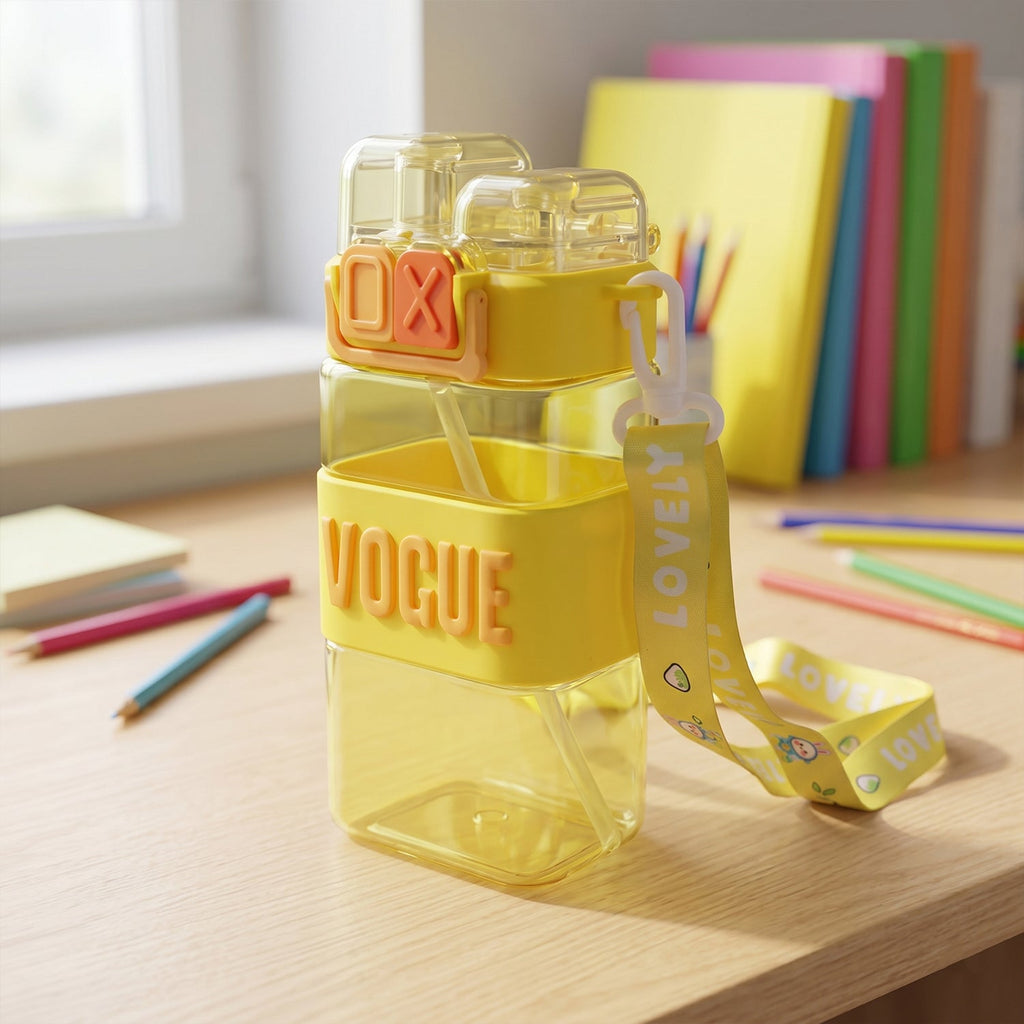 Kids Water Bottle Leakproof Straw & Portable Carry Strap - Back View