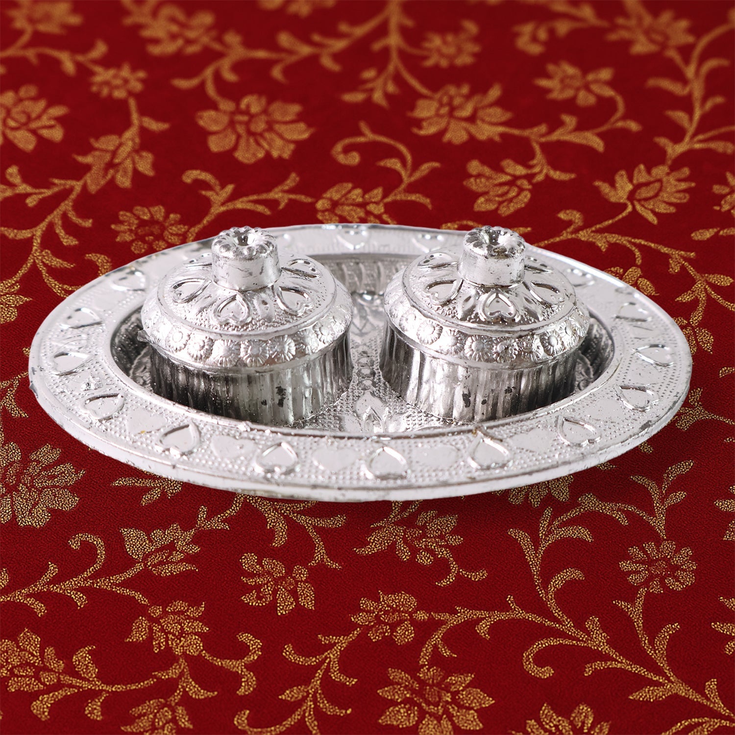 Oval Puja Thali with Kumkum Holders Traditional & Durable Design - Front View