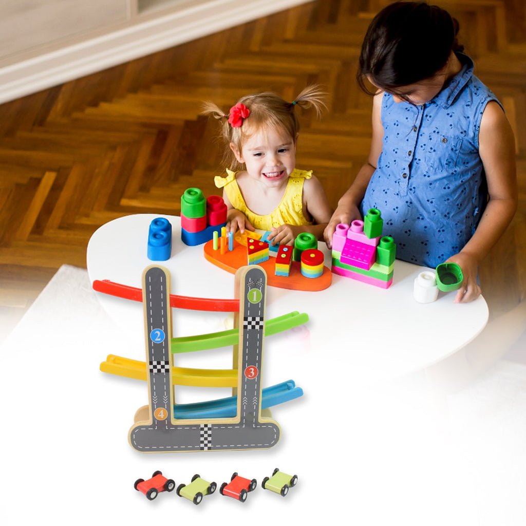 Wooden Race Track 4-Level Car Ramp Set for Toddlers | Action Legion - Front View