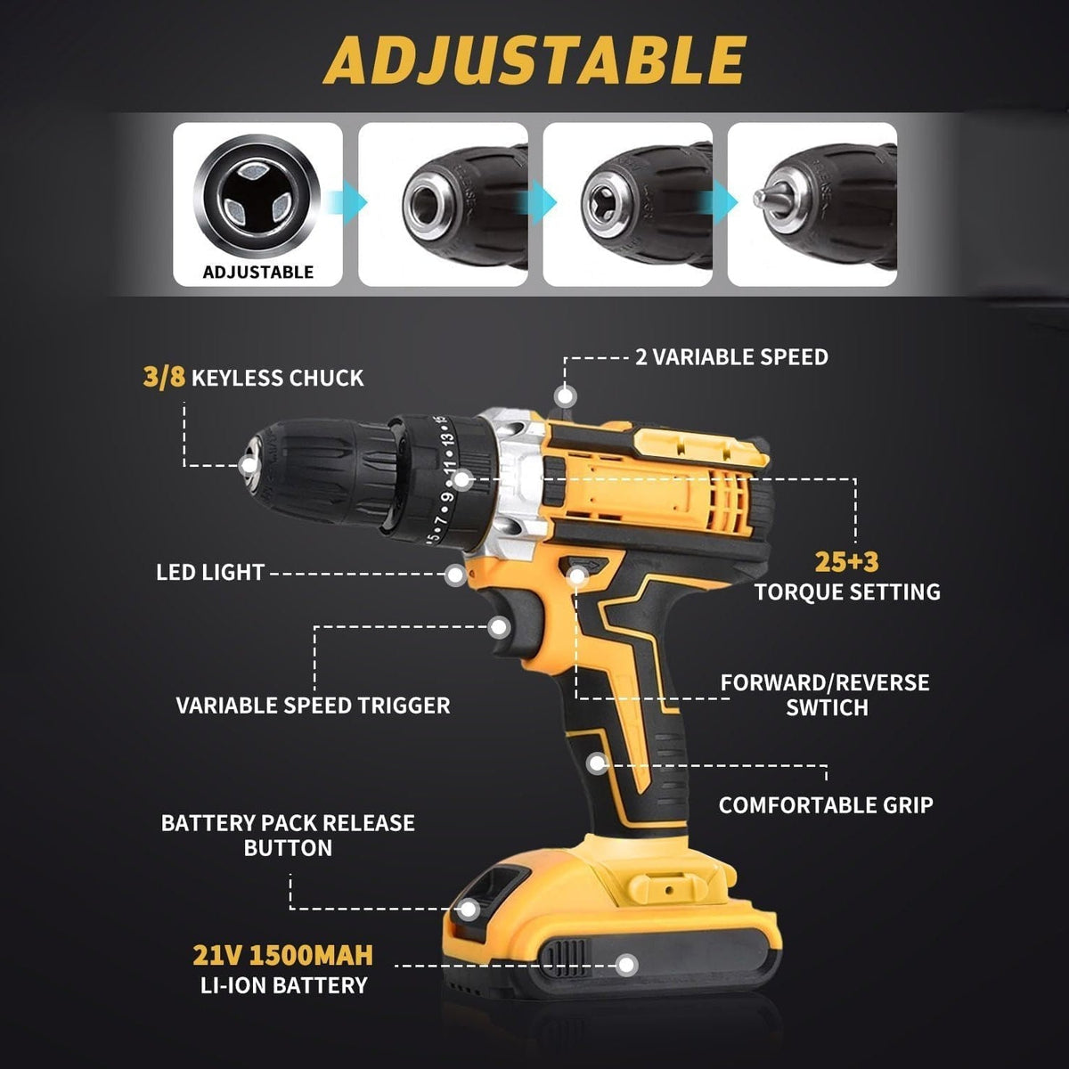 Cordless Drill Set 21V Lithium Double Battery Kit - Front View