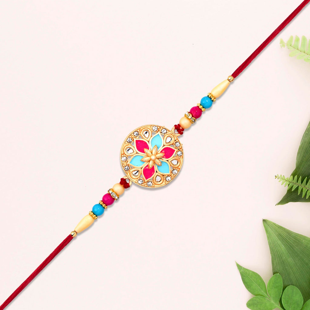ALVENZA Round Floral Rakhi - Pink-Blue Enamel with Beaded Thread
