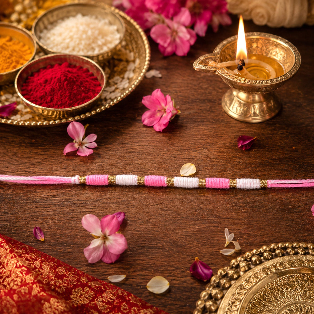 Pink & White Thread Rakhi Elegant Traditional Beaded Design