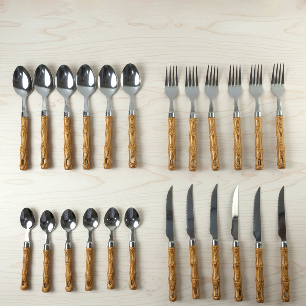 ALVENZA Stainless Steel Cutlery Set – Elegant Wooden Handle, 24 Pieces