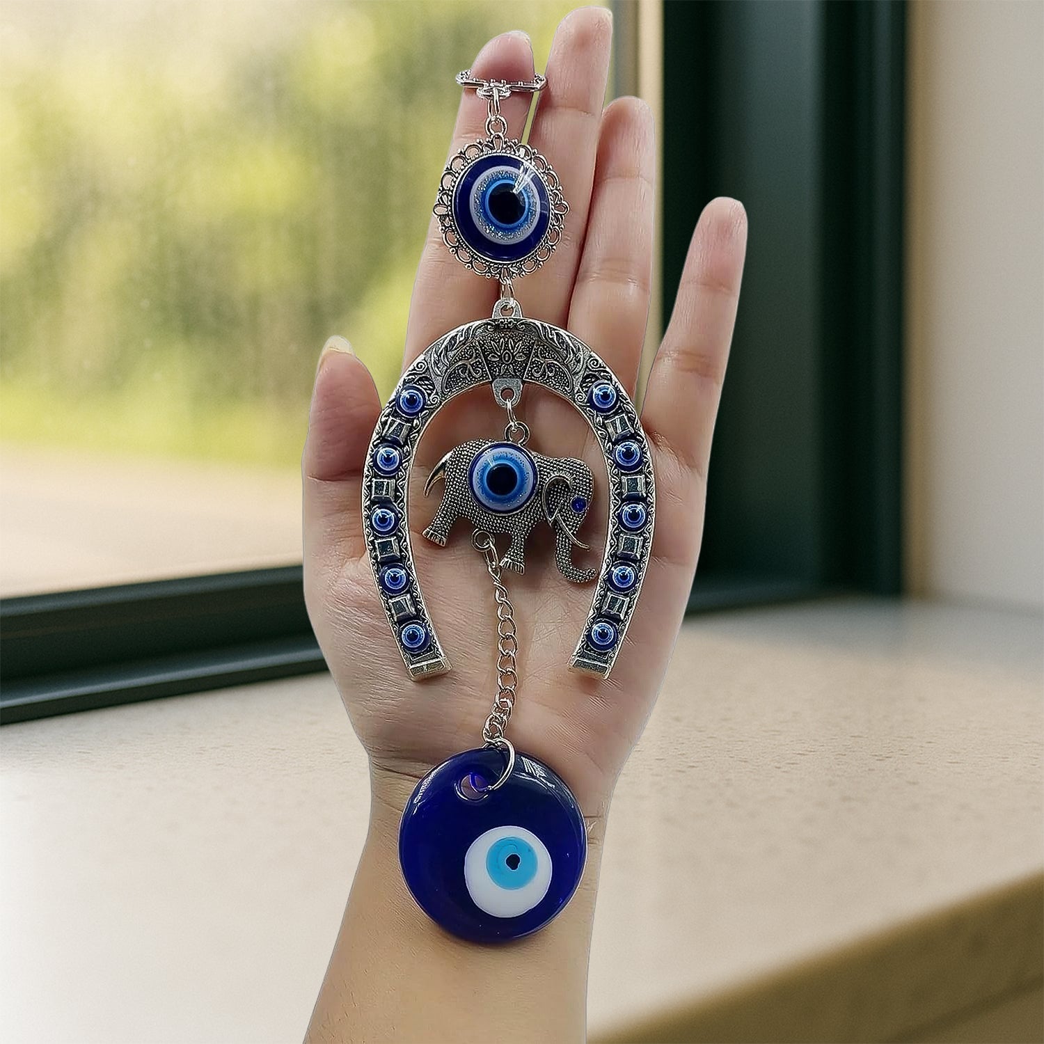 ALVENZA Evil Eye Hanging with Elephant & Horseshoe – Protective Wind Chime