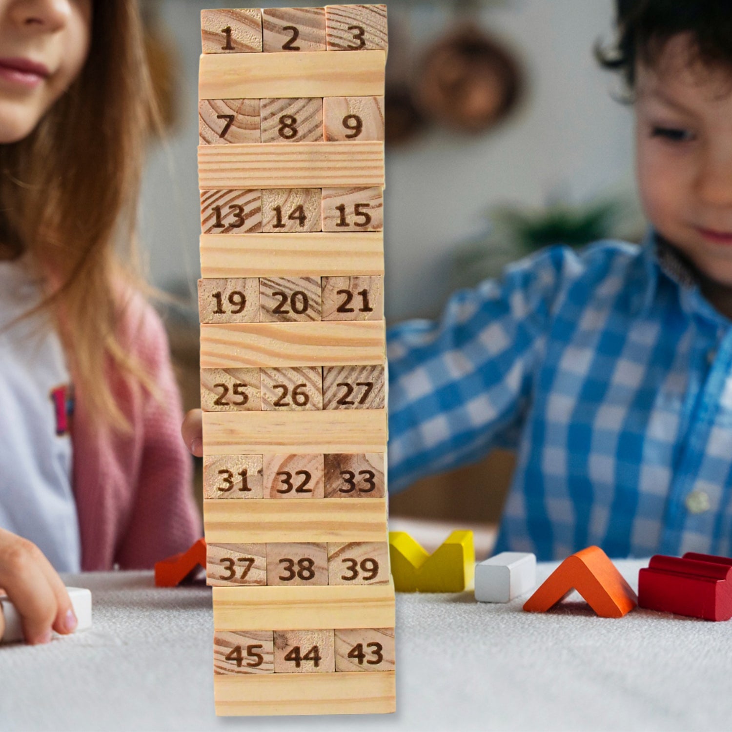 Wooden Tumbling Tower Game 48pc Family Stacking Blocks | Puzzle Vista - Front View