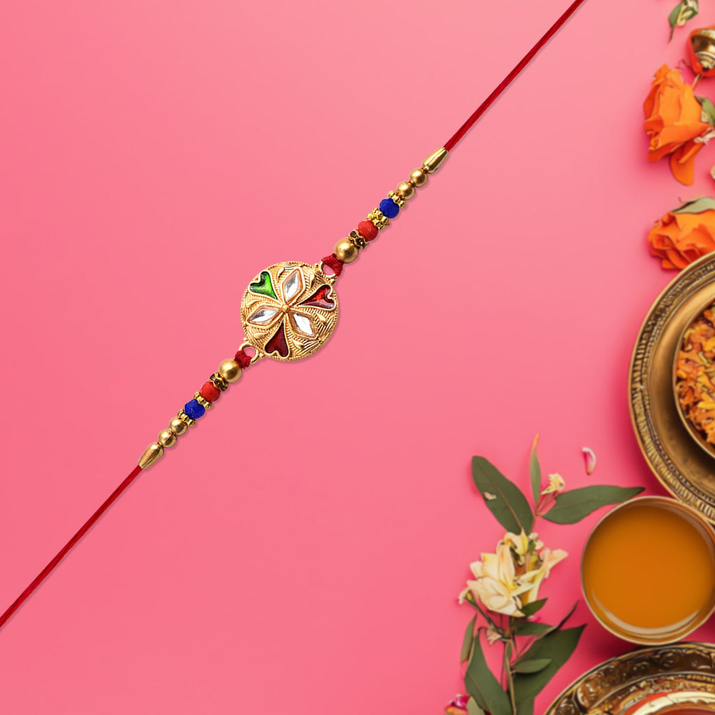 ALVENZA Floral Rakhi with Mirror Work - Stylish Colorful Beads on Red Thread