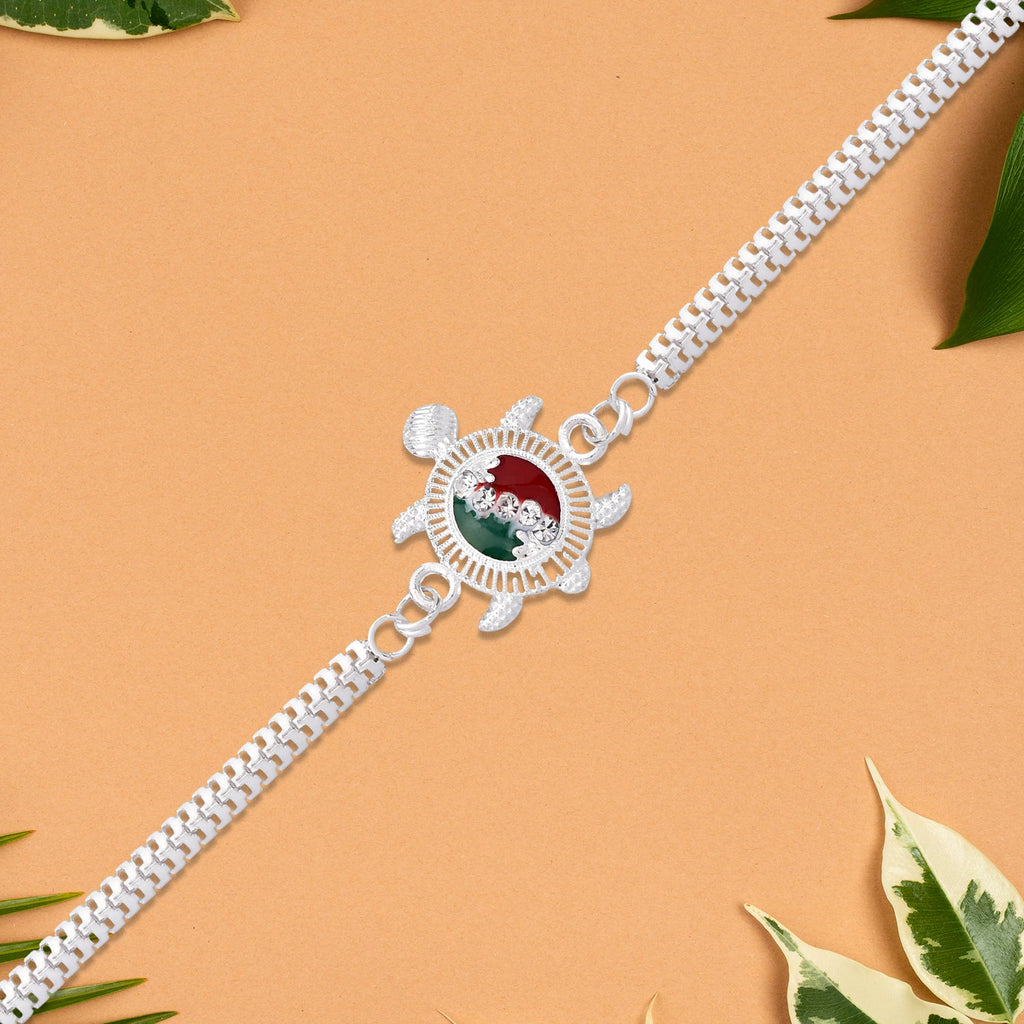 ALVENZA Turtle Rakhi – Red Green Enamel with Silver Metal Chain