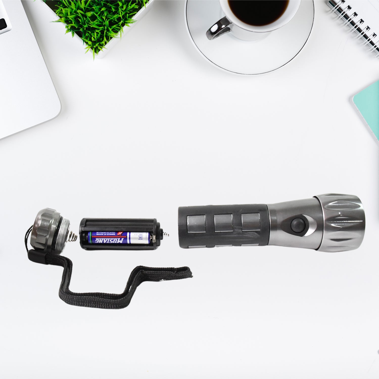 LED Hand Torch Aluminium, Rubber Grip - Front View
