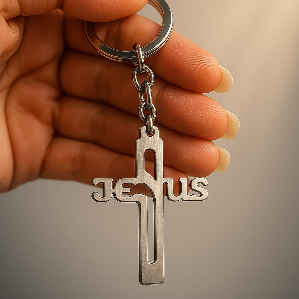 ALVENZA Metal Cross Keychain – Gujarati Jesus Script for Spiritual Style